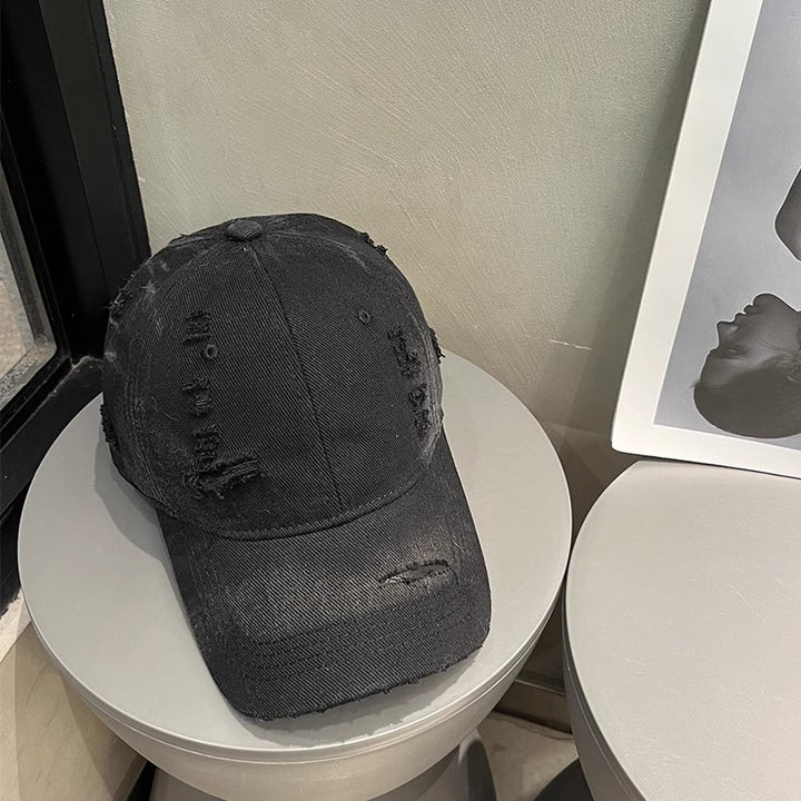 Women's Distressed Black Denim Baseball Cap Bowlift