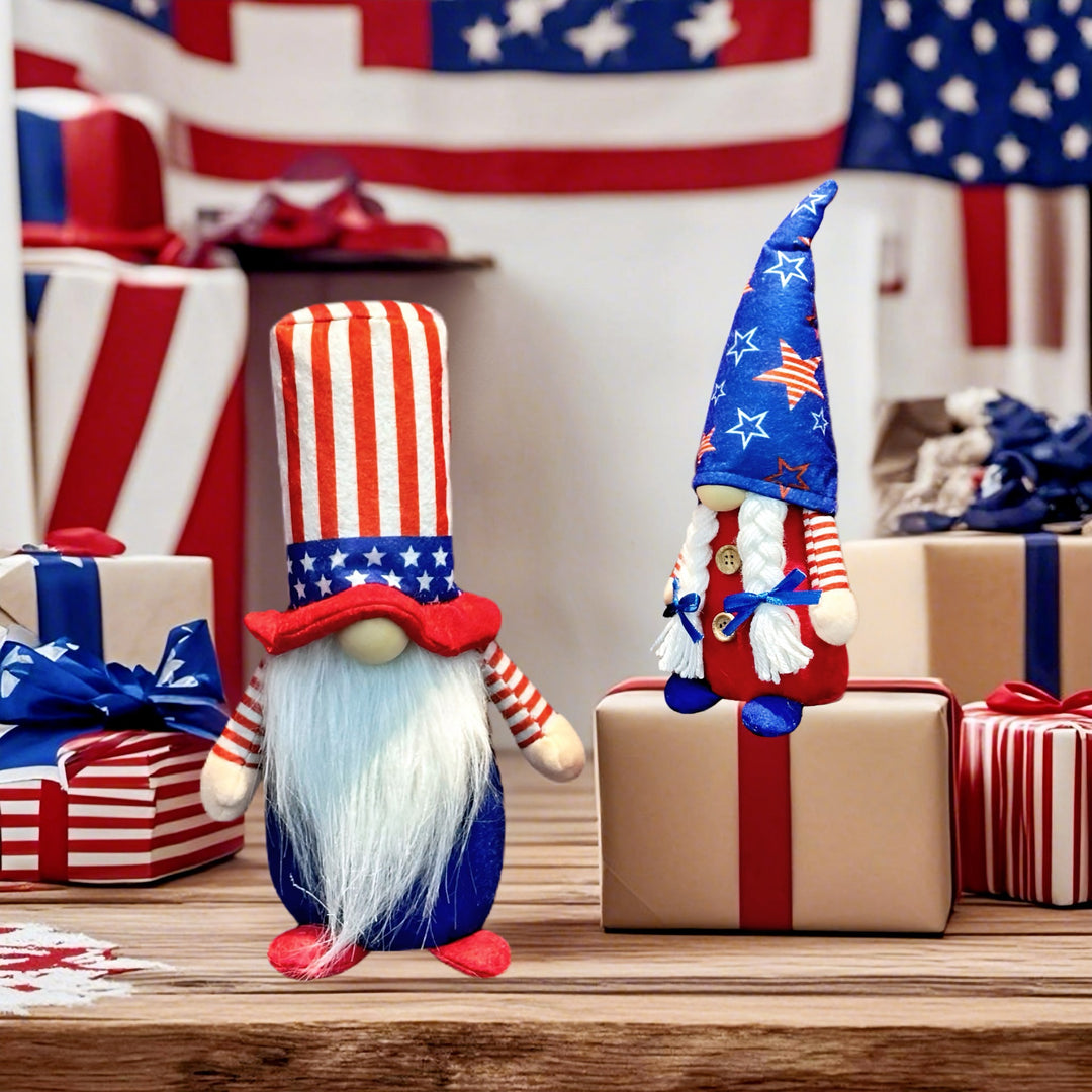 Unisex nan patriotic plush standing gnome ornament with tall star-spangled hat and long faux beard Bowlift