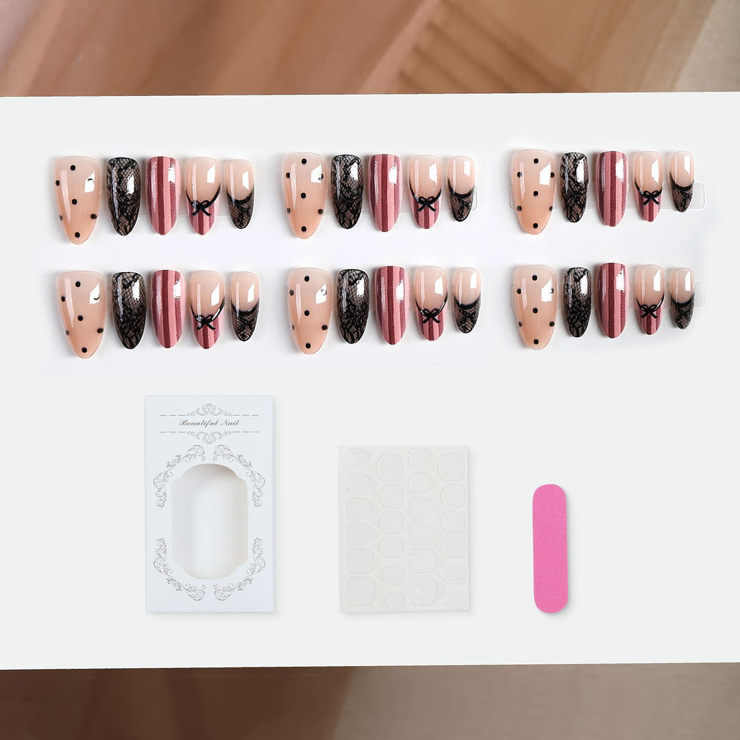 Acrylic nail set with elegant bow and lace accents Bowlift