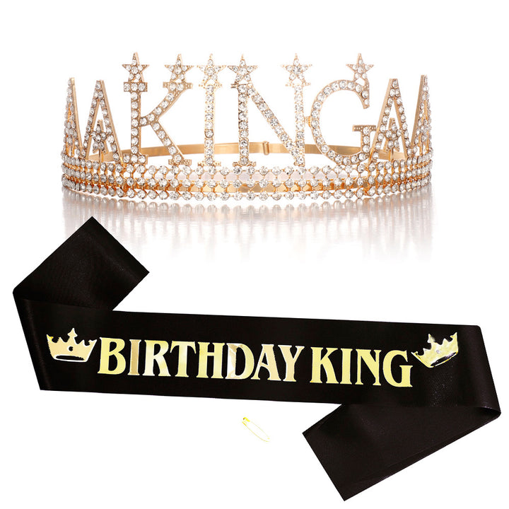 Ladies Glittering Birthday Crown with a Regal "Birthday King" Sash Set Bowlift