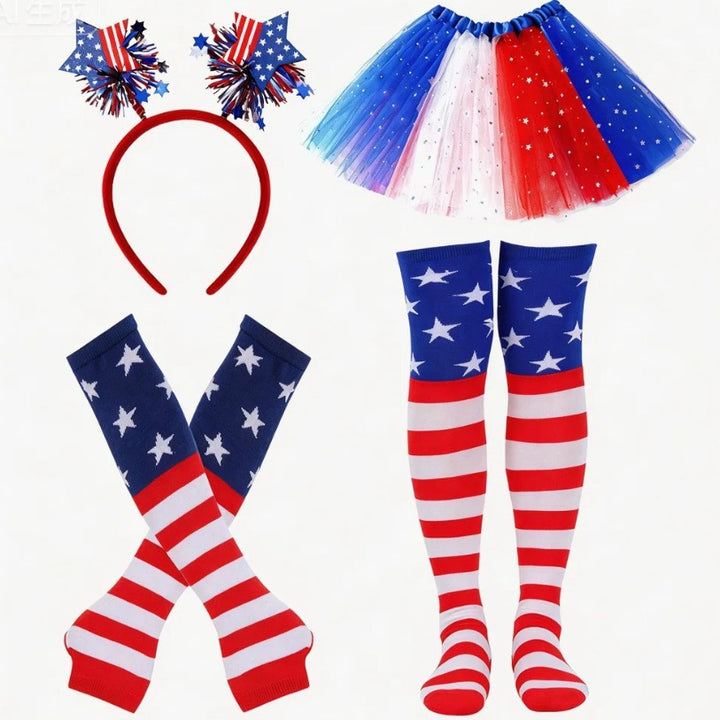 Women's Independence Day tulle tutu skirt with oversized bow headband over-the-knee star-striped stockings and matching arm sleeves Bowlift