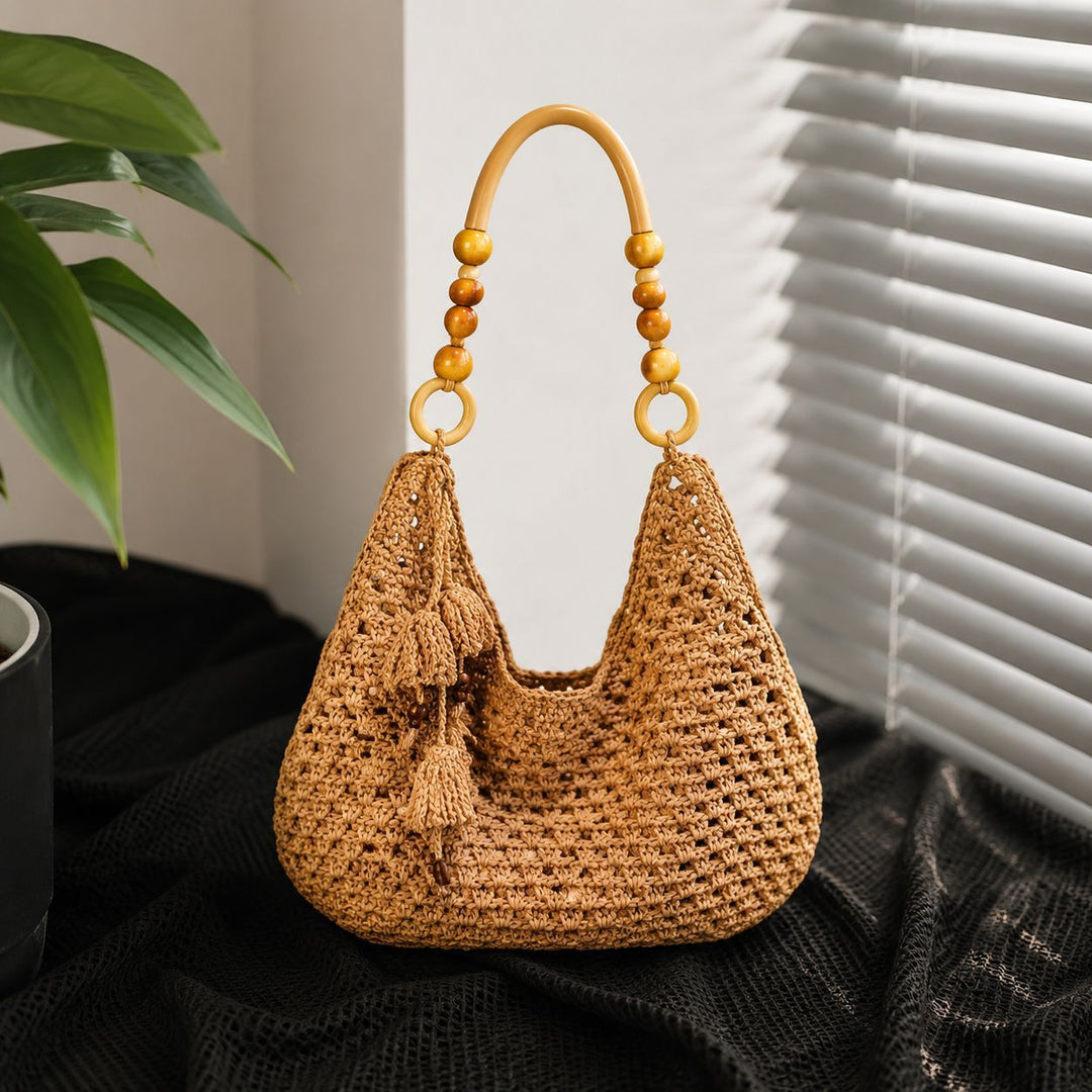 Handcrafted Macrame Shoulder Bag with Wooden Handles Bowlift