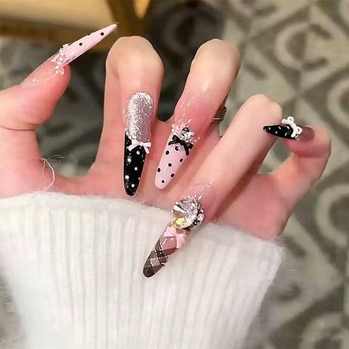Artificial nail set with glamorous 3D applications and festive design Bowlift