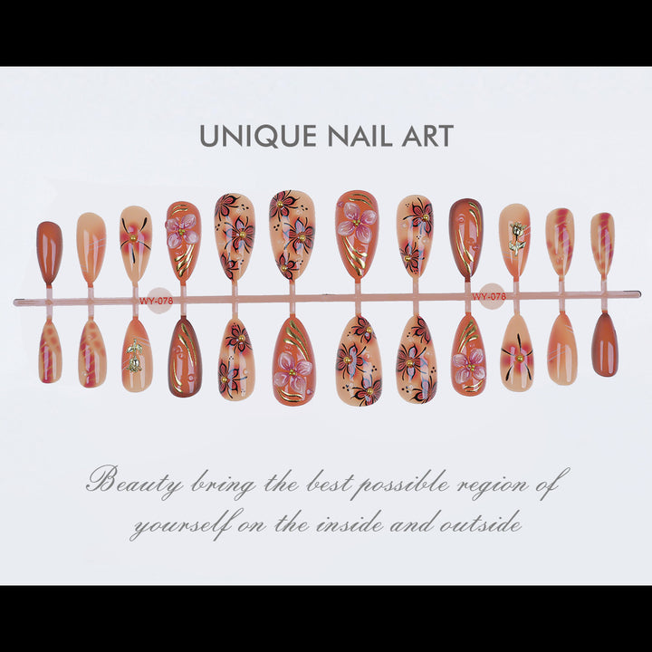 Artistic Floral and Gold Accent Press-On Nails Bowlift