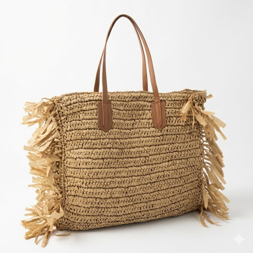 Beach bag with fringed design and sturdy leather handles Bowlift