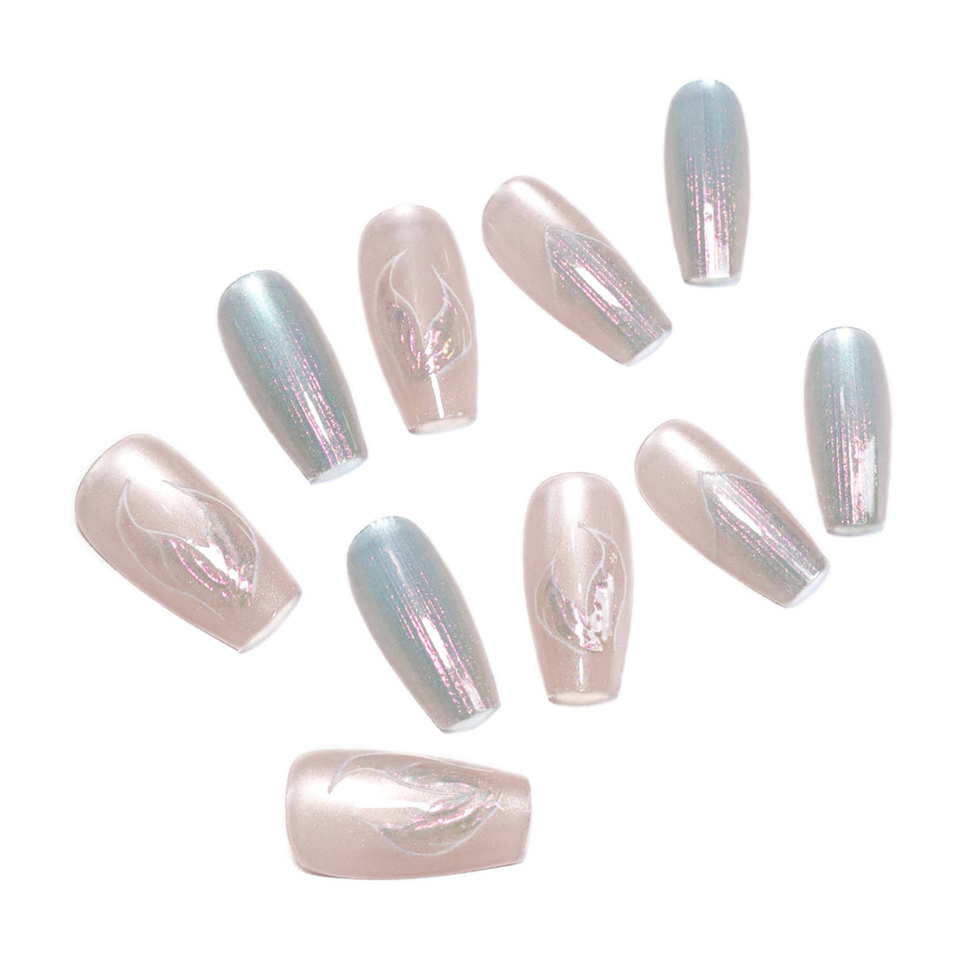 Artful artificial nails with transparent color gradient and delicate floral designs Bowlift