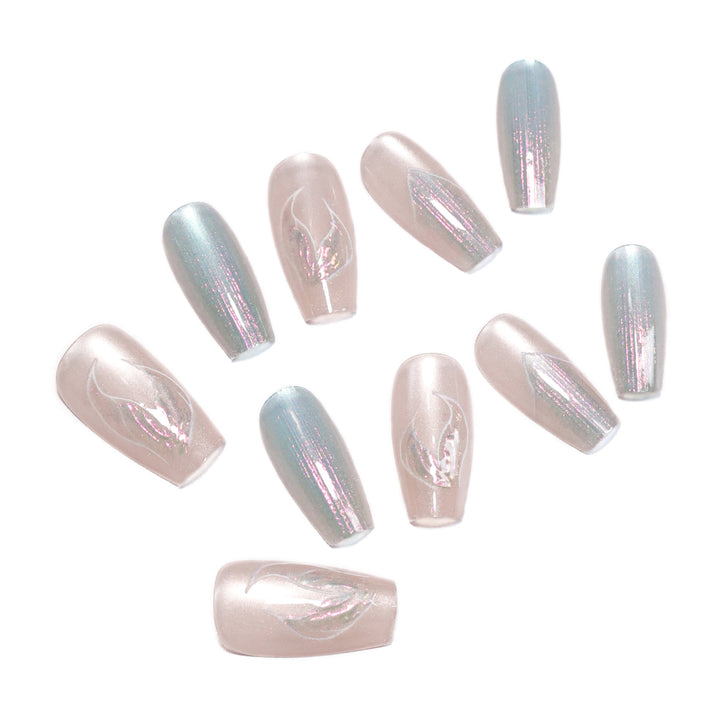 Artful artificial nails with transparent color gradient and delicate floral designs Bowlift