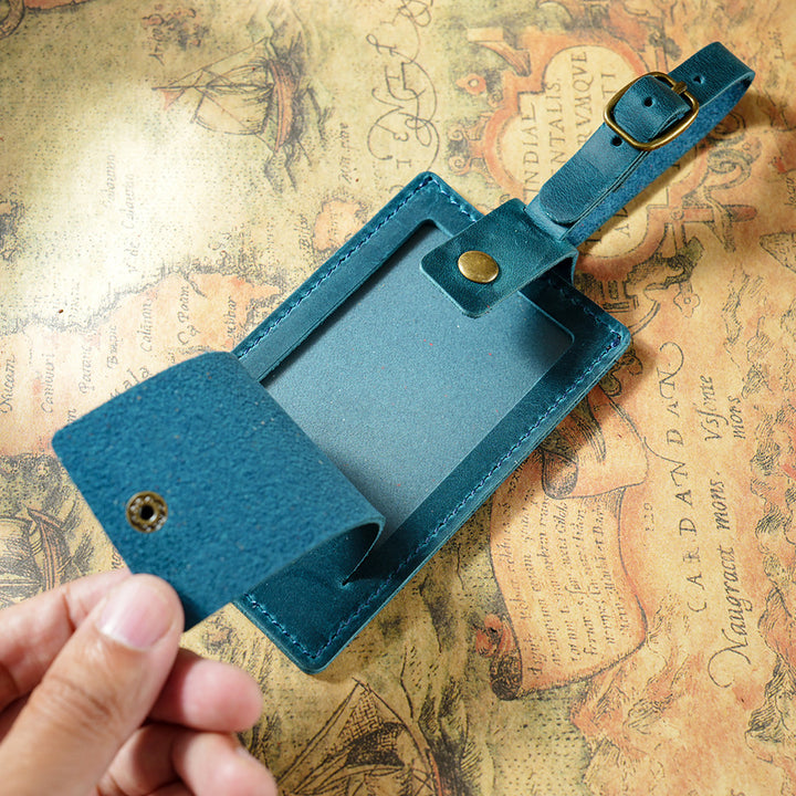 Vintage Full-Grain Leather Luggage Tag with Adjustable Buckle Strap Bowlift