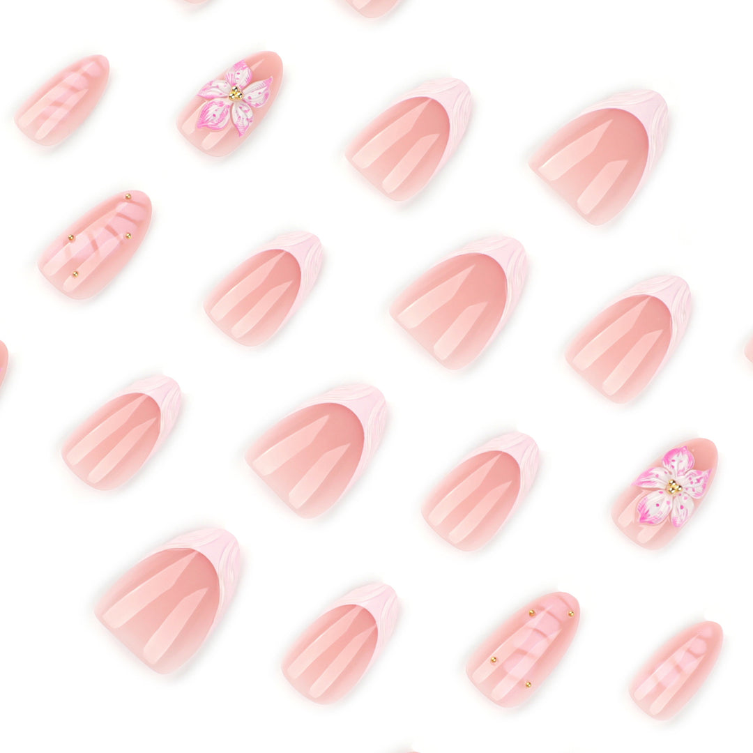 Artful Nail Extensions with Floral Design and Glitter Accents Bowlift