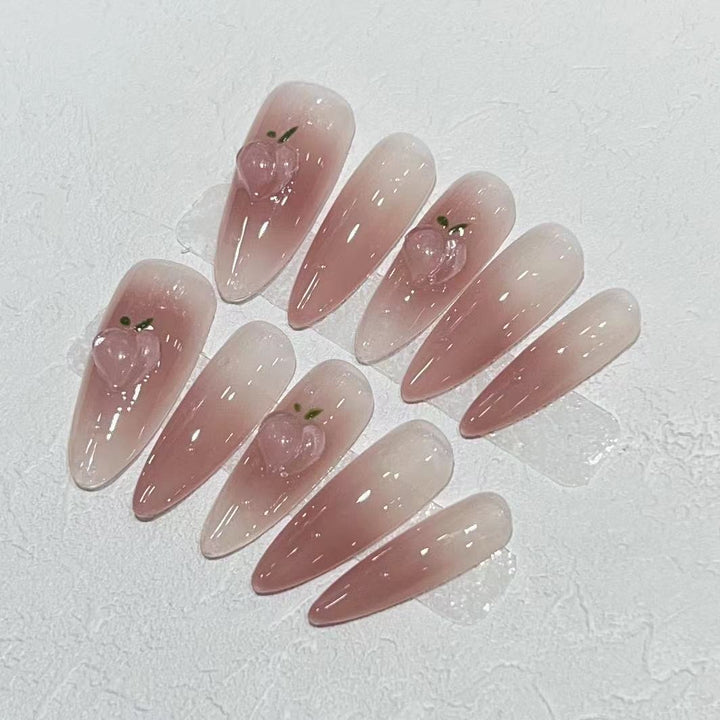 Elegant Press-On Almond Nail Set with Heart Detail Bowlift