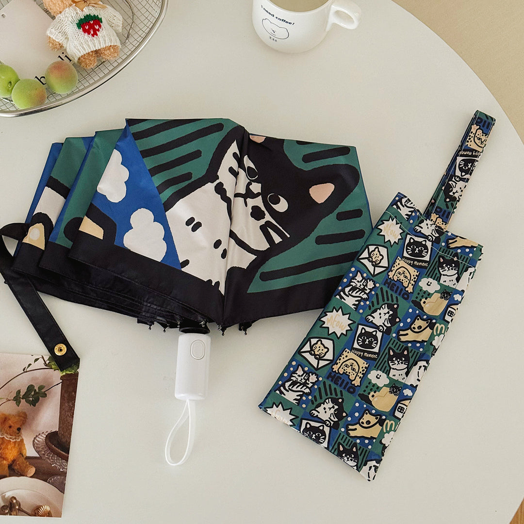 Women's Foldable Umbrella with Playful Cat Pattern Bowlift