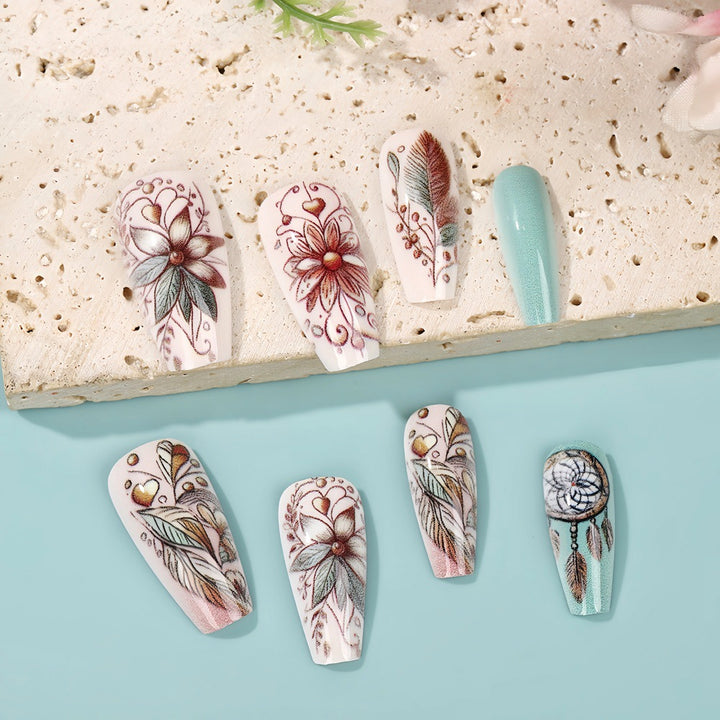 Artificial nails with floral patterns and dreamcatcher motif Bowlift