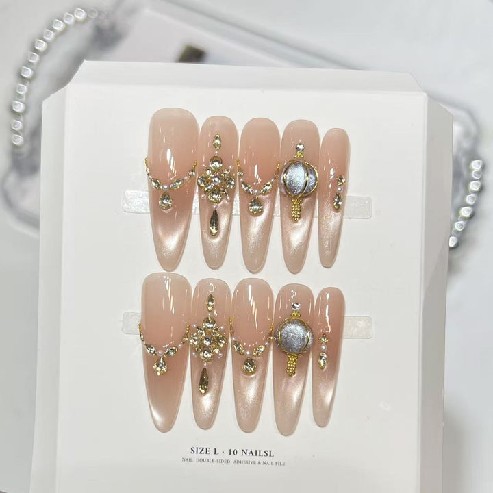 Decorative Stiletto Press-On Nail Set with Elegant Gemstone Embellishments Bowlift