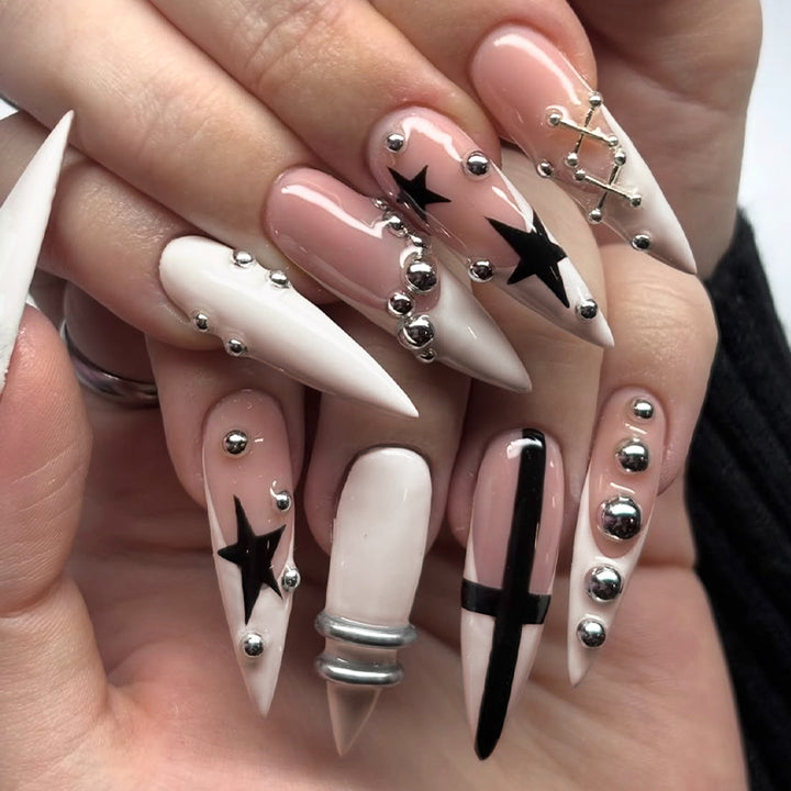 Decorative Press-On Nail Art Set with Star and Gem Accents Bowlift