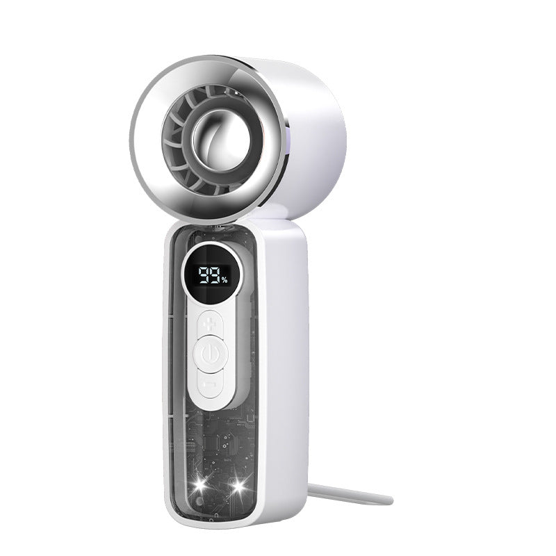 Cooling bladeless micro-turbine handheld fan with OLED battery display and fold-out stand Bowlift
