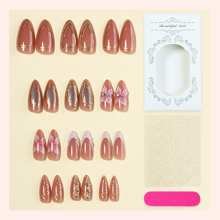 Artificial nail set with elegant blooming designs and golden accents Bowlift