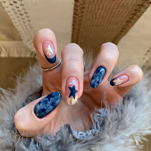 Creative Nail Art Set with Star and Denim Design Bowlift