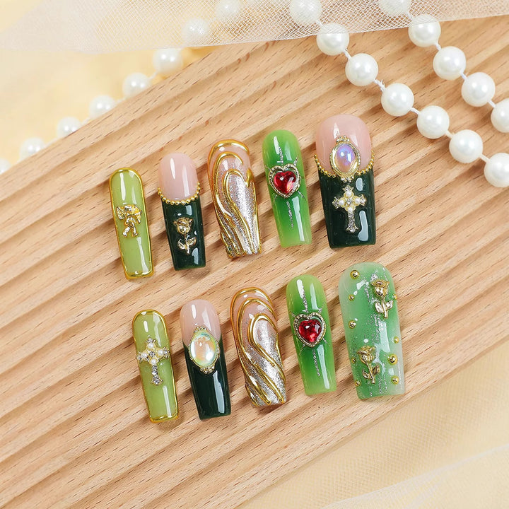 Acrylic nail set with glamorous crystal and floral design Bowlift