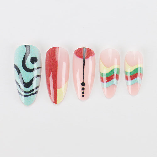 Artistic Stiletto Press-On Nails with Patterned Design Bowlift