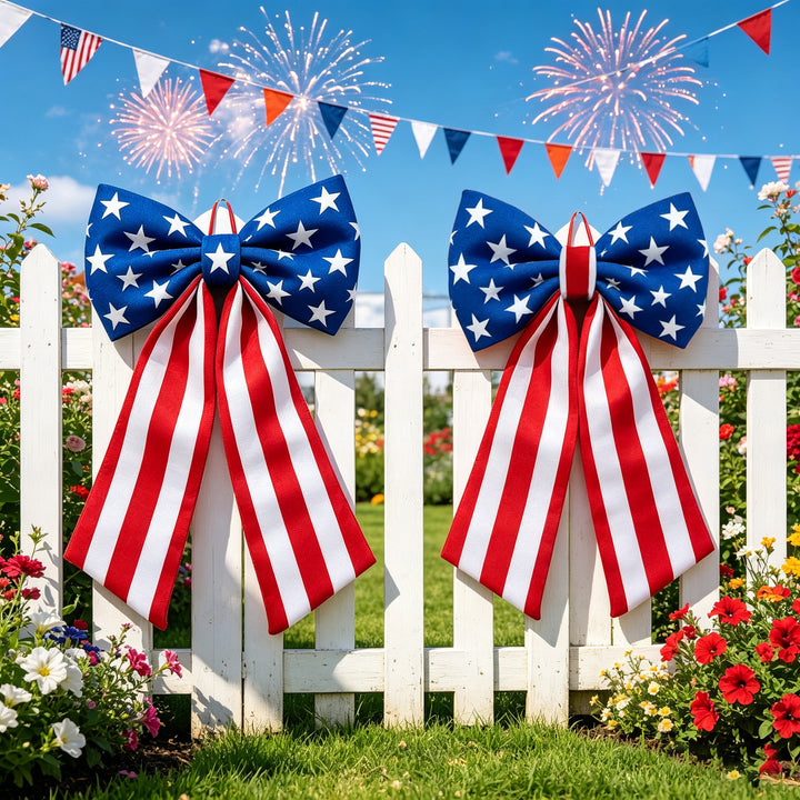 Unisex nan outdoor double-layer American flag ribbon bow with alligator fence clip Bowlift