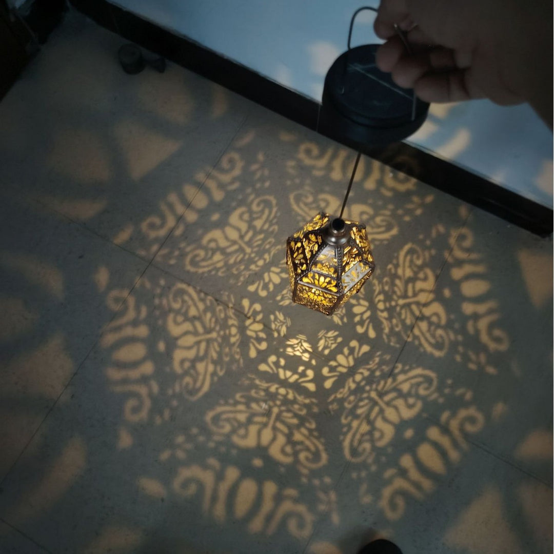 Ornate Moroccan Cutout Metal Hanging Pendant Light With Decorative Shadow Projection And Ceiling Canopy Bowlift