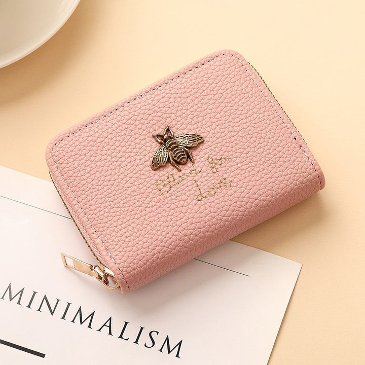 Designer Bee-Embellished Leather Zip-around Wallet Bowlift