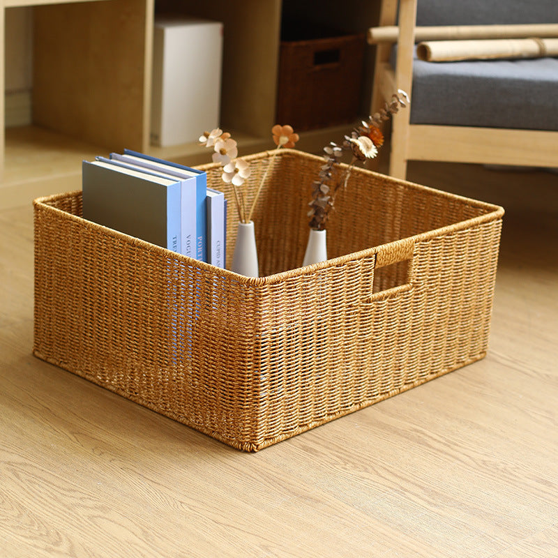 Large Handwoven Rectangular Storage Basket with Cutout Handles Bowlift