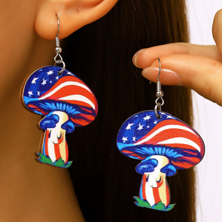 Women's nan patriotic novelty dangle hook earrings with laser-printed wooden fireworks charm Bowlift
