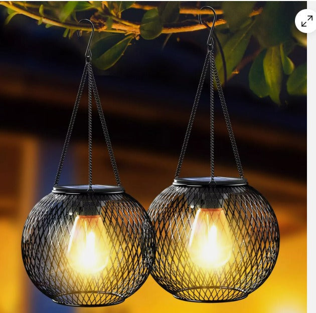 Solar Hanging Outdoor Lanterns With Vintage-Style LED Filament Bulb And Metal Cage Waterproof Suspension Bowlift
