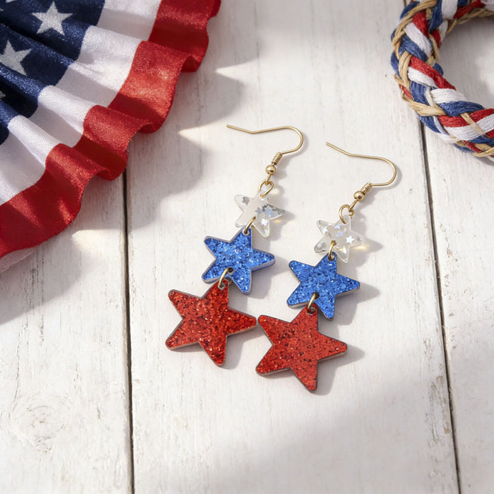 Women's acrylic statement earrings long pendant bow motif with patriotic print Bowlift