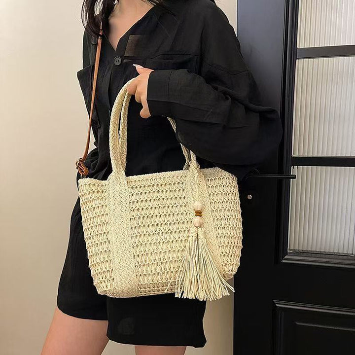 Braided tote bag with tassels and leather details Bowlift