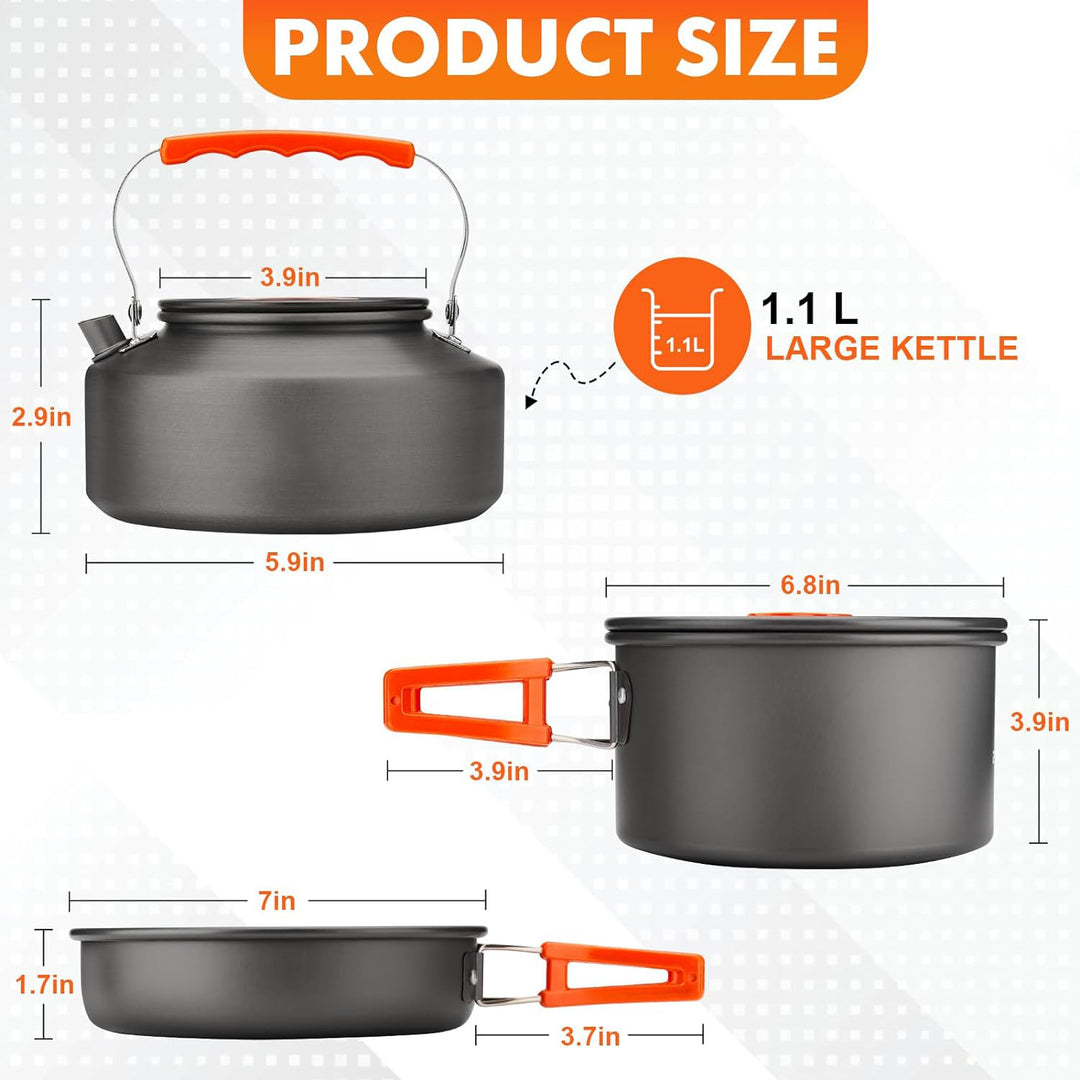 lightweight nonstick anodized aluminum camping cookware set with folding-handle pot and kettle, collapsible silicone cups, stainless plates and cutlery Bowlift