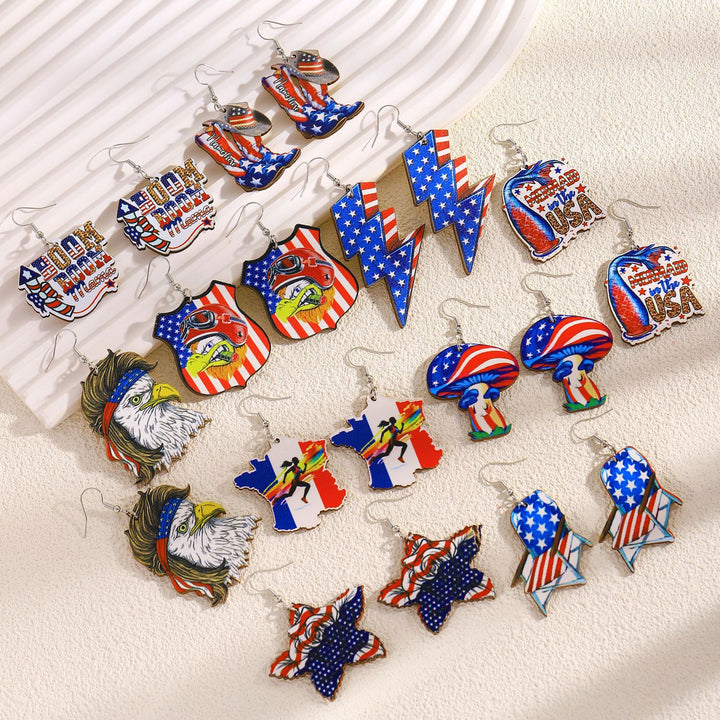 Women's nan patriotic novelty dangle hook earrings with laser-printed wooden fireworks charm Bowlift