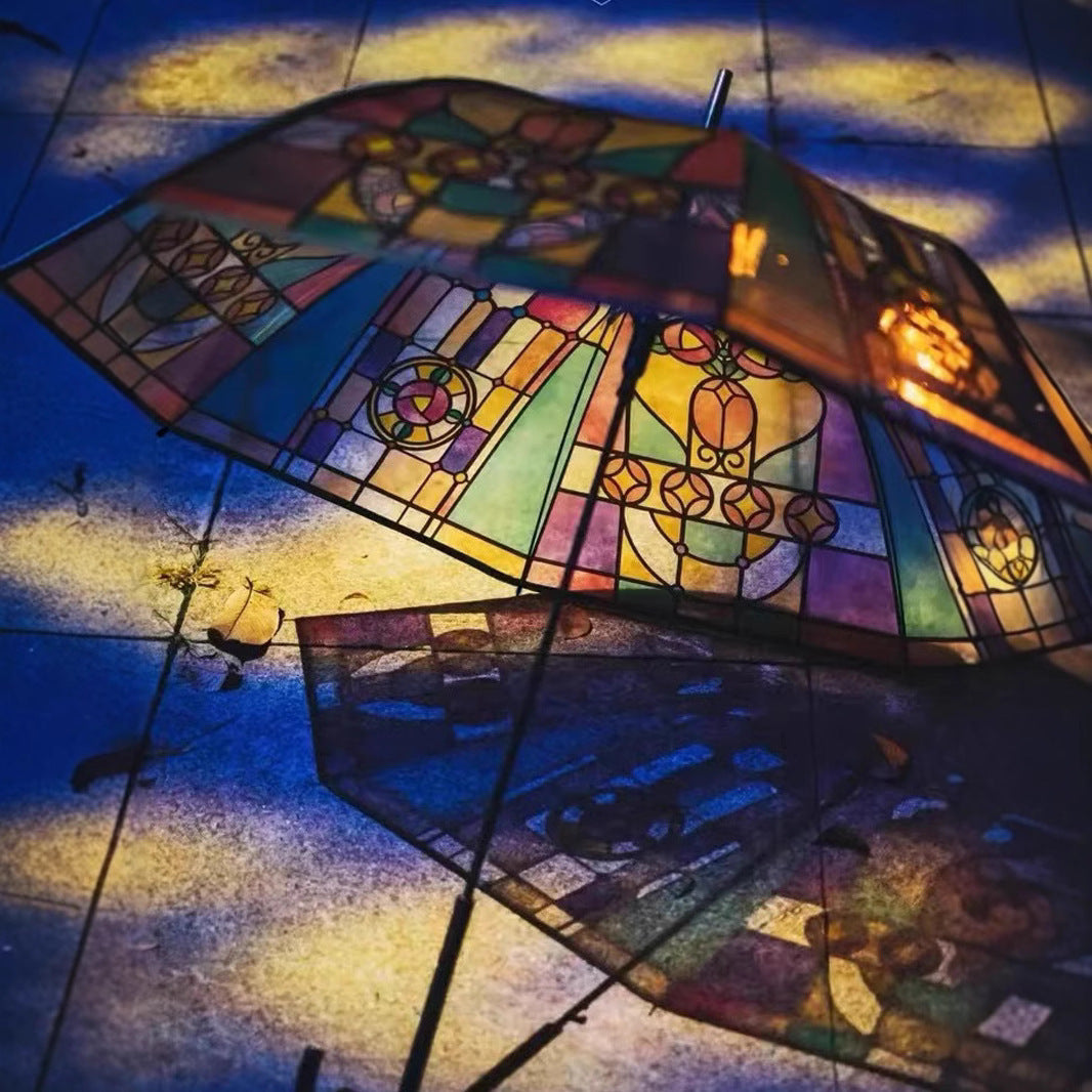 Women Folding Umbrella with Artistic Glass Window Design Bowlift