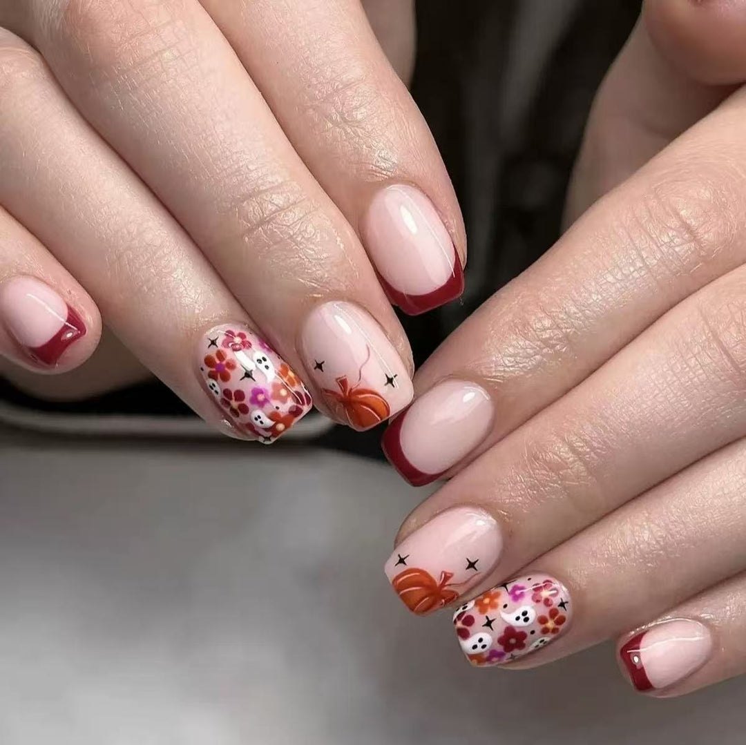 Artificial nail set with cheerful flower designs and elegant French tips Bowlift