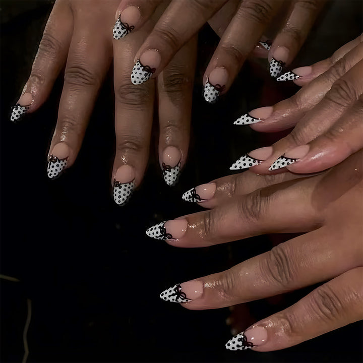 Elegant Stiletto Press-On Nails with Polka Dot Design and Bow Accents Bowlift