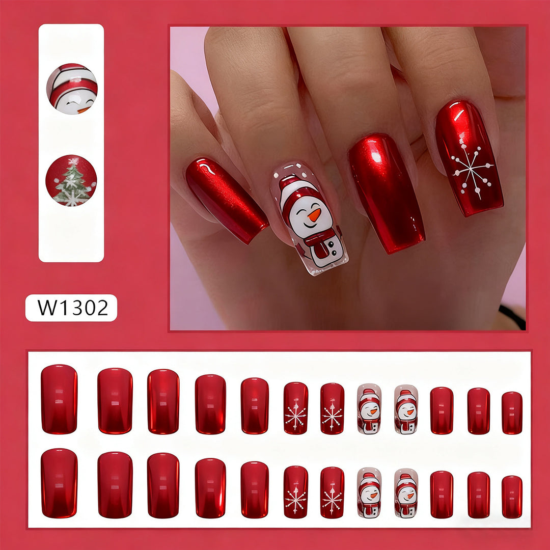 Artificial nail set with festive snowman design and glitter accents Bowlift