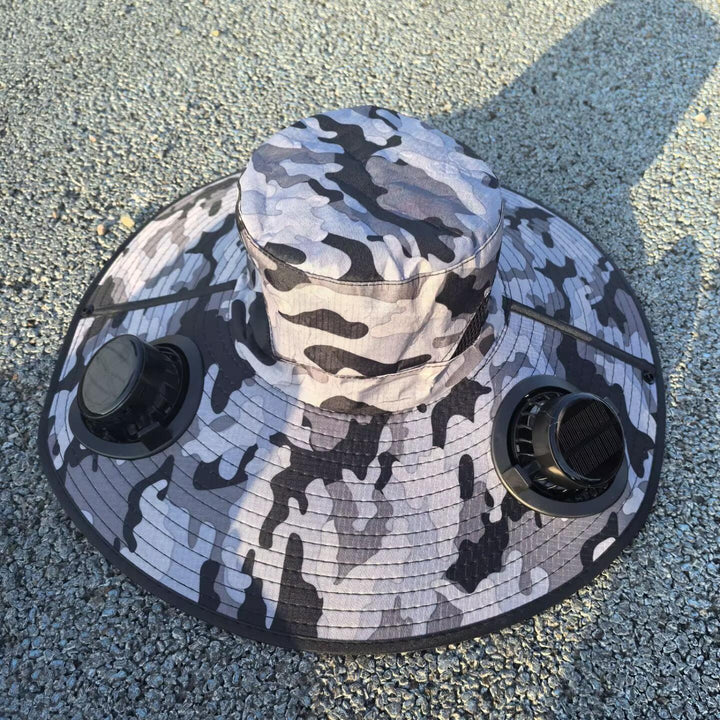 Ventilated sun hat with integrated solar fans and wide brim Bowlift