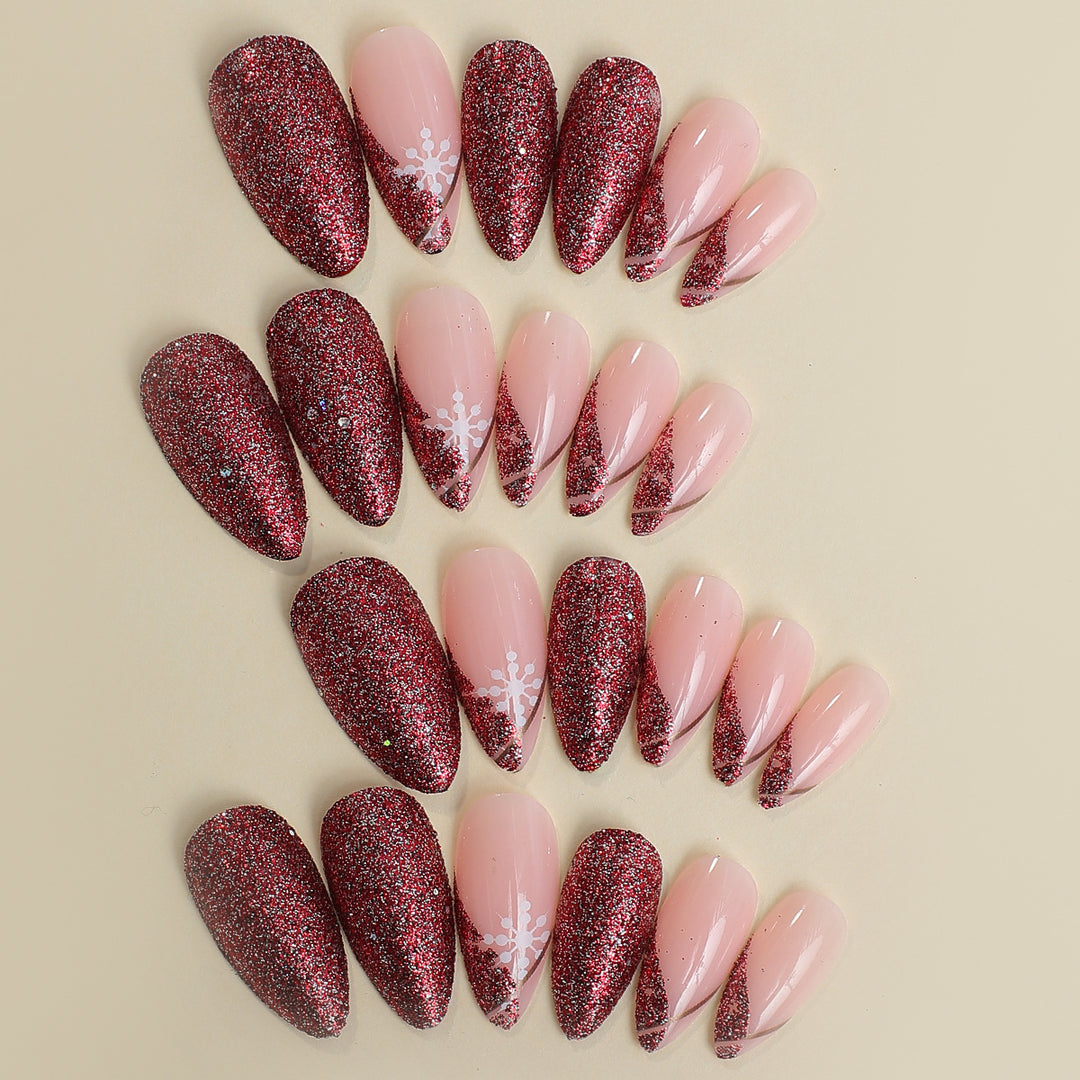 Glamorous Press-On Nail Set with Glitter Accent and Almond Shape Bowlift