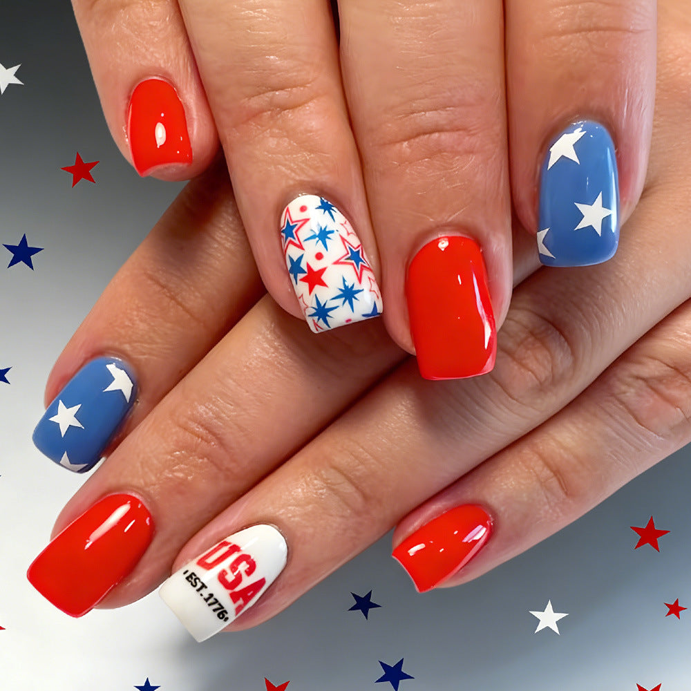 Women's nan patriotic press-on gel nail kit with star decals and USA lettering Bowlift