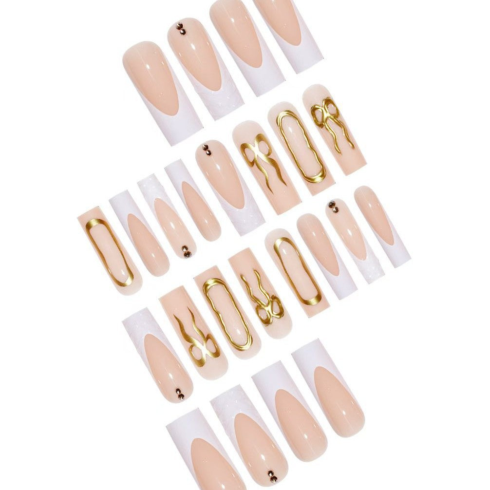 Artistic 3D Press-On Nail Set with Decorative Gold Accents Bowlift