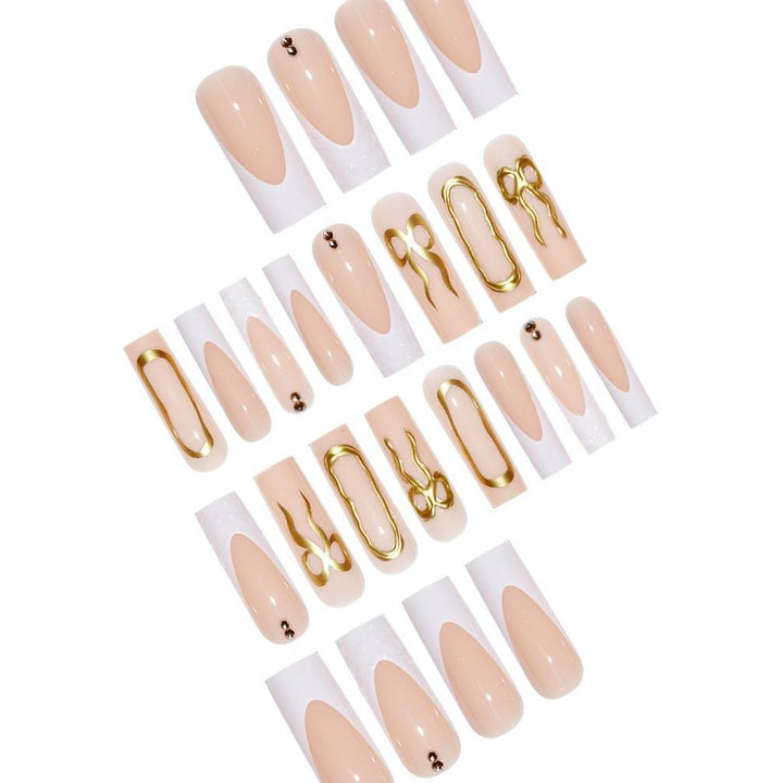 Artistic 3D Press-On Nail Set with Decorative Gold Accents Bowlift