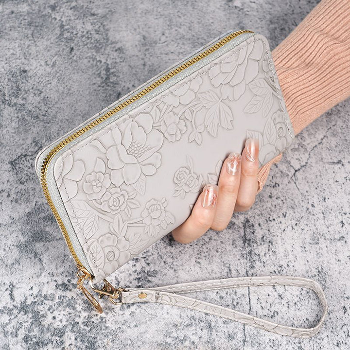 Embossed Floral Zip-Around Wristlet Wallet with Detachable Strap Bowlift