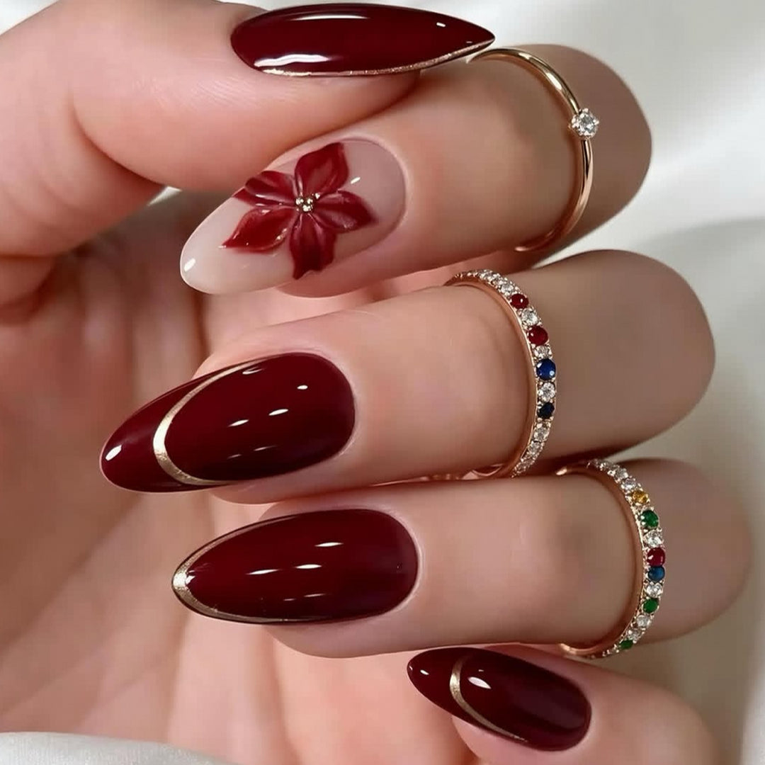 Elegant Floral Accent Stiletto Nail Art Extensions Bowlift