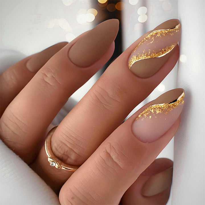 Elegant Press-On Nail Set with Decorative Gold Stripe Design Bowlift