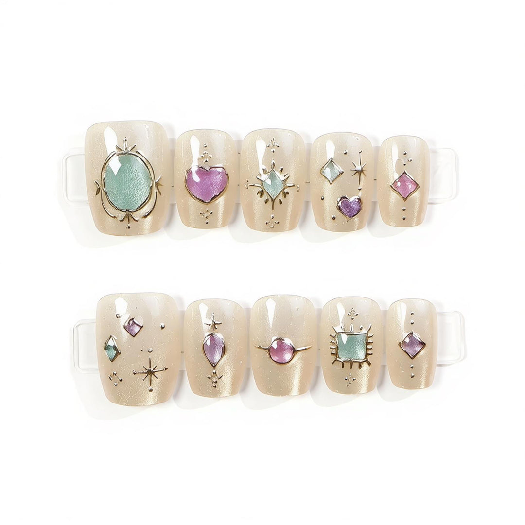 Decorative Press-On Nail Art Set with Gemstone Accents Bowlift