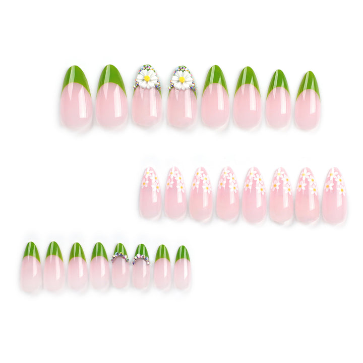 Artificial nails with floral accents and green French tip Bowlift