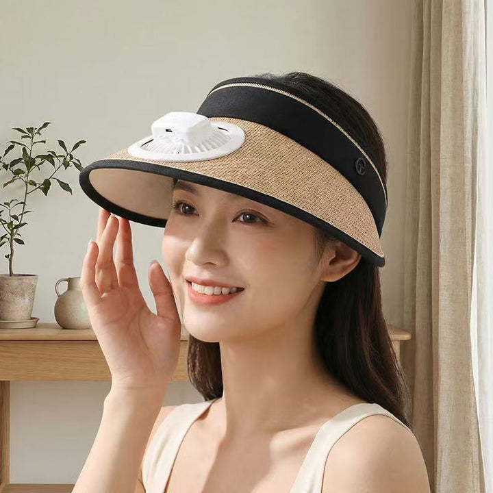 Air-cooled straw hat with detachable battery fan and elastic headband Bowlift