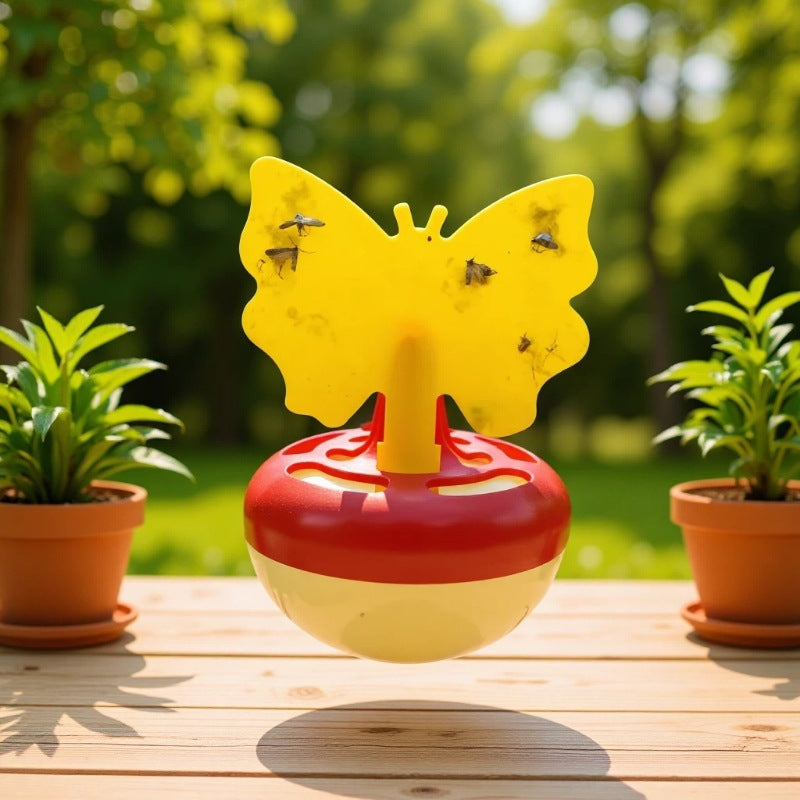 Butterfly-shaped sticky insect trap with refillable liquid reservoir and reusable base Bowlift