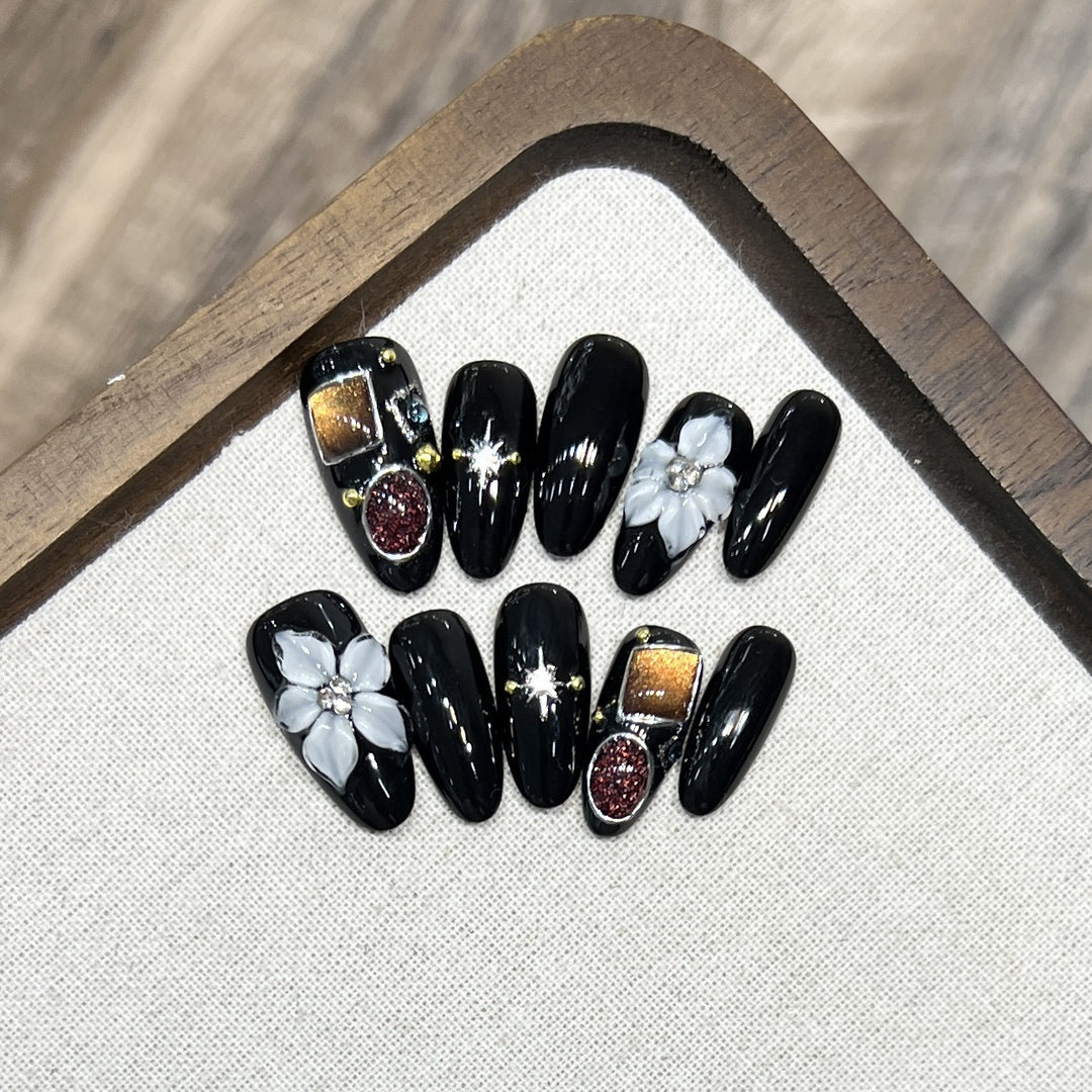 Decorative Press-On Nail Art Set with Floral and Crystal Accents Bowlift